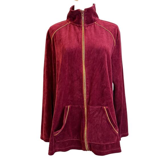 Quacker Factory Track Jacket Womens L Burgundy Velour Rhinestone Full Zip - Picture 1 of 7